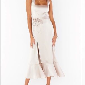 Show Me Your Mumu Claire Midi Dress in Show Me The Ring Luxe Satin Size XS